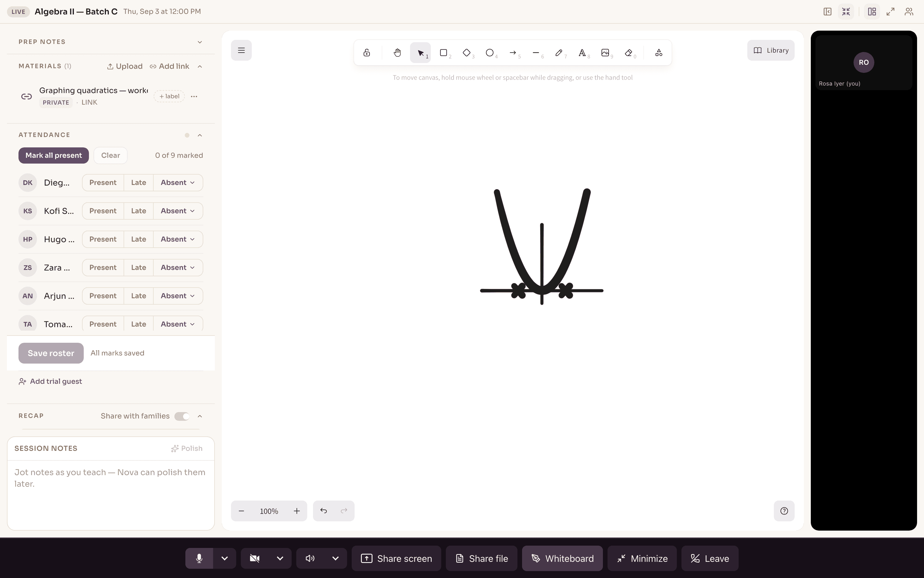 A live teaching session in Novano's Studio: the shared whiteboard mid-lesson with a hand-drawn parabola and its roots, the class roster down the left with per-student attendance, a participant rail on the right, and the call controls — mic, camera, share screen, share file, whiteboard — along the bottom