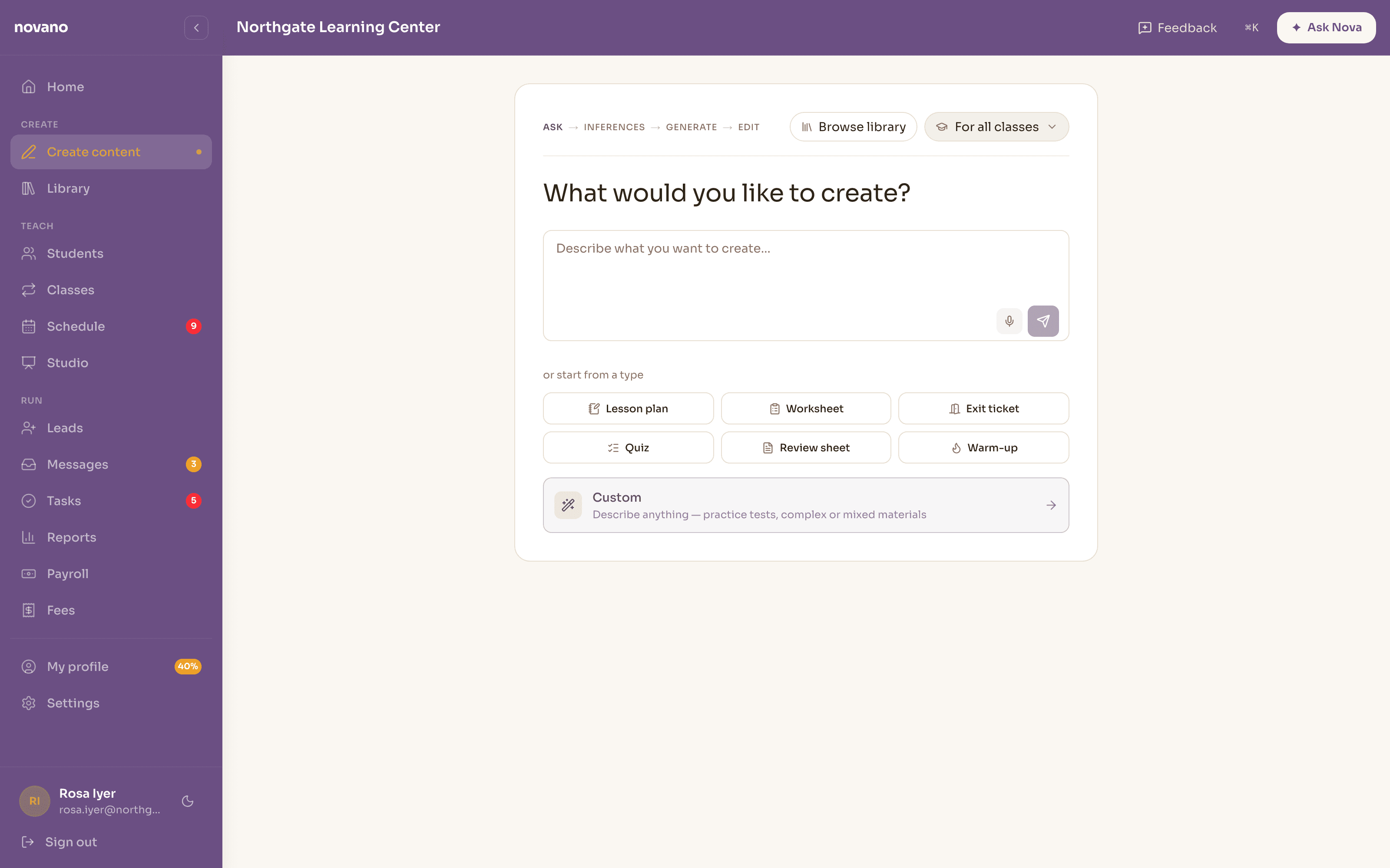 Novano's Create workspace: a prompt asking what you would like to create, with type options for lesson plan, worksheet, exit ticket, quiz, review sheet and warm-up