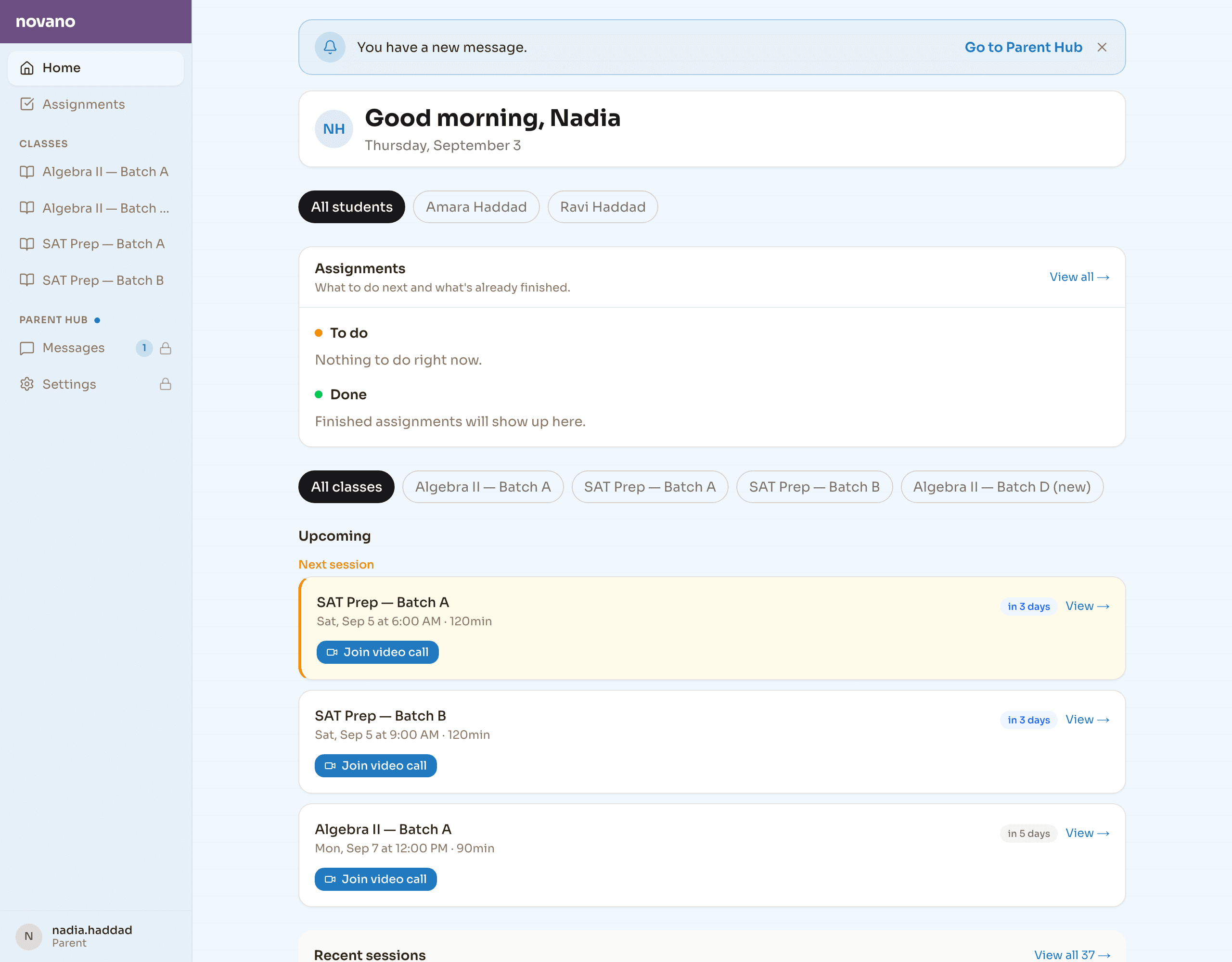 Novano's family portal: a good-morning header, a class list, an assignments panel split into to-do and done, and upcoming sessions each with a join-video-call button