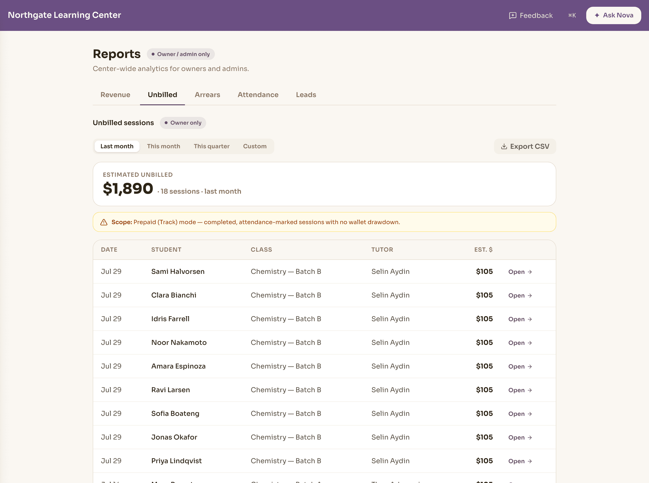 The unbilled sessions report in Novano: an estimated total for last month, a banner stating which billing setup the report covers, and one row per delivered session with no billing recorded against it