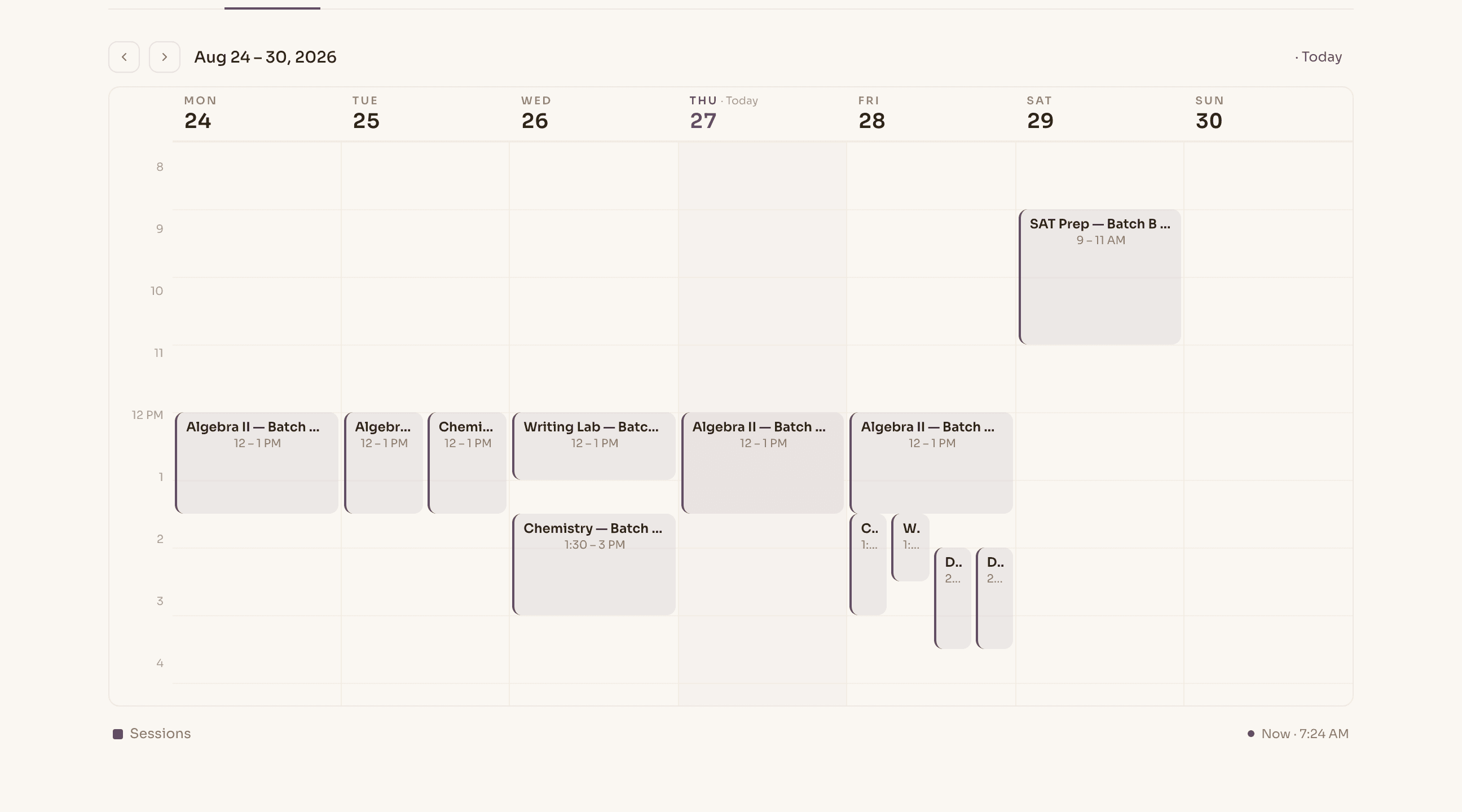 A week of a tutoring centre's timetable in Novano, with classes running side by side in the same slot