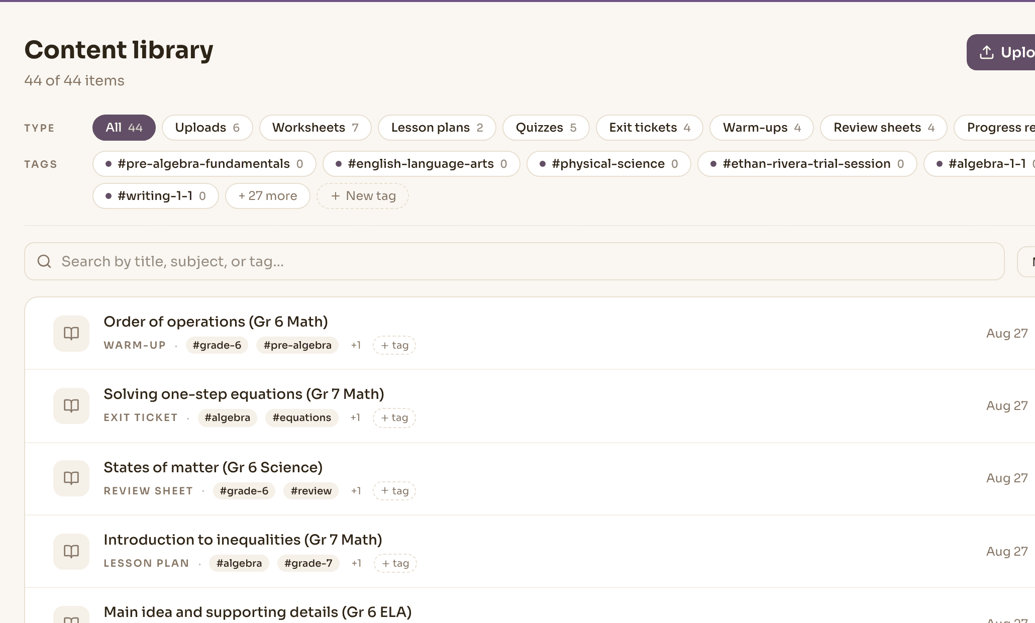 A tutor's content library in Novano: 44 items filtered by type — worksheets, lesson plans, quizzes, exit tickets, warm-ups — each tagged by subject and grade