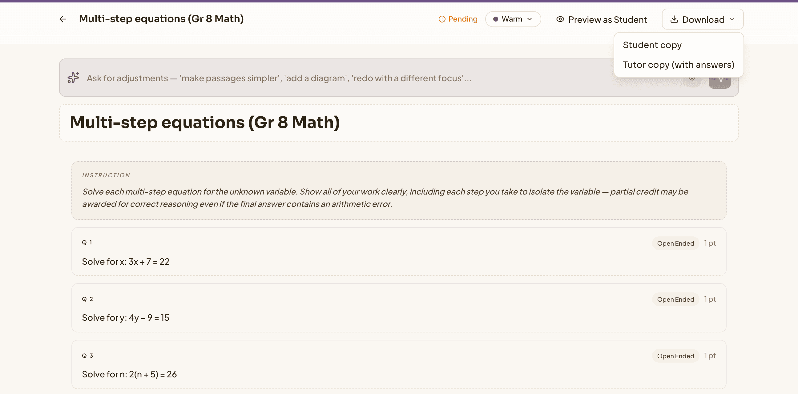 A generated worksheet in Novano with a prompt bar for asking Nova to adjust it, and a download menu offering a student copy or a tutor copy with answers