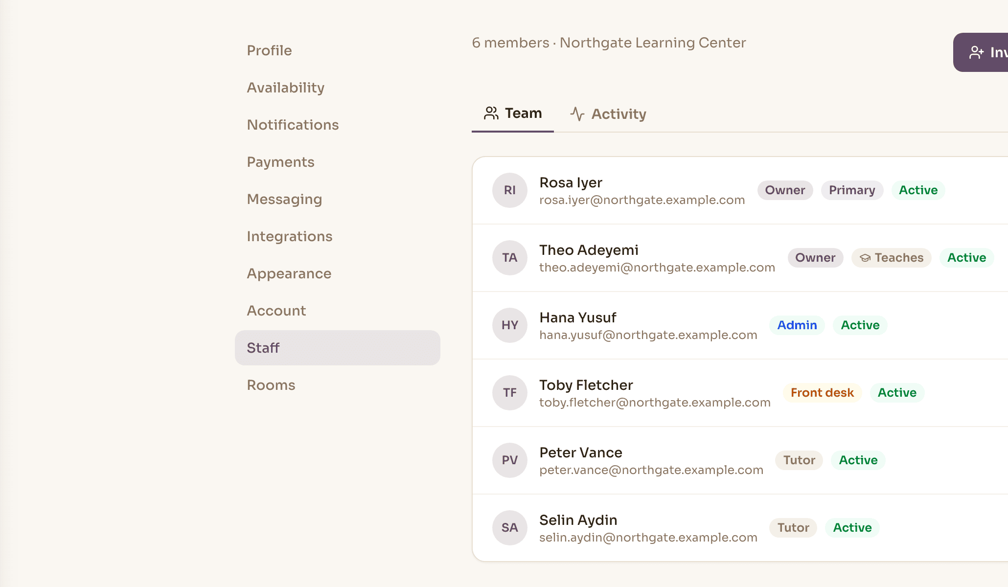 Novano staff roster showing each member's role — owner, admin, front desk or tutor — and whether they are assignable to teach