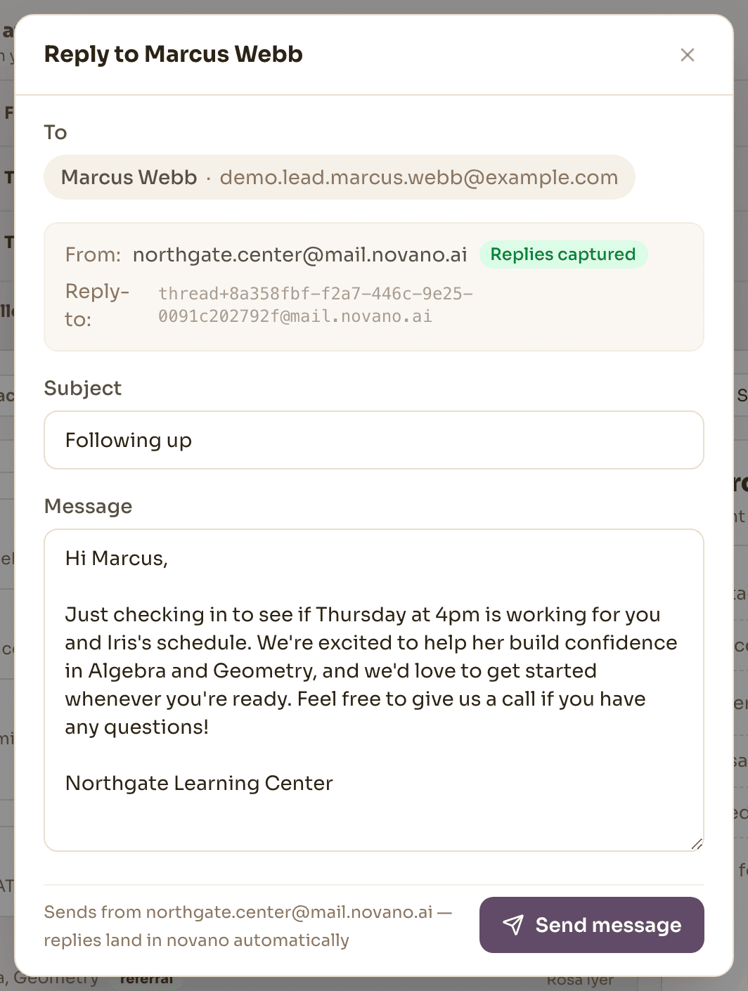 A Nova-drafted follow-up to a lead, open and unsent in Novano's composer — it refers back to the specific time slot the centre offered in an earlier reply, with the send button still unpressed